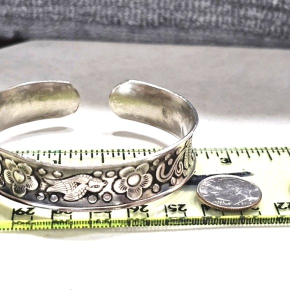 Floral Bird Cuff Bracelet Artisan-Created White Copper and Zinc Oxidized - Picture 10 of 11